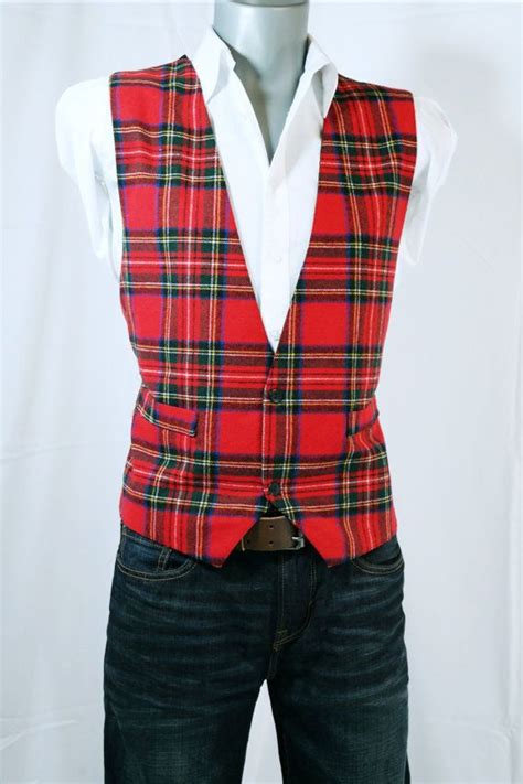 Vintage Mens Red Tartan Plaid Hipster Rockabilly Wool Vest Etsy Red