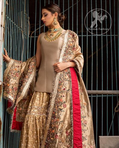 Light Brown Plain Short Shirt Golden Traditional Gharara Pakistani