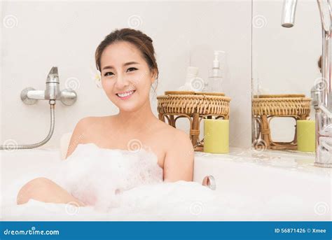 Bathing Woman Relaxing In Bath Smiling Relaxing Asian Young Woman In