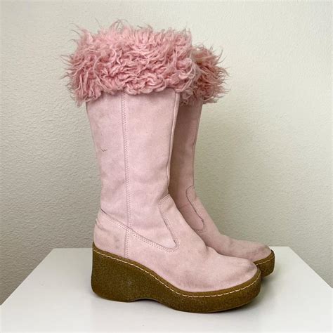 Pink Sided Sherpa Faux Fur Platform Wedge Boots Y2k Depop