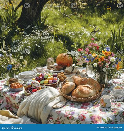 A Sunlit Picnic Spread With A Feast Of Bread Easter Eggs And