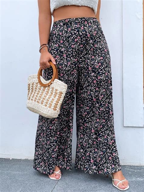 Shein Lune Plus Ditsy Floral Wide Leg Pants Floral Wide Leg Trousers