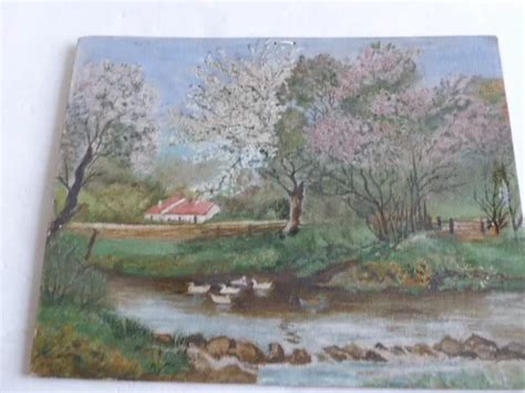 ANCIENNE PEINTURE HUILE SUR CARTON TOILE PAYSAGE A LA MARE AUX CANARDS