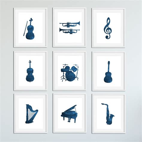 Musical Instrument Wall Art Set Music Nursery Decor Blue Wall Art Set