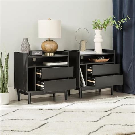 Welwick Designs 2-Drawer Black Set of 2 Solid Wood Mid-Century Modern ...