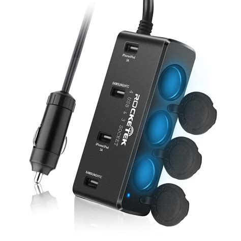 Rocketek 3 Socket Cigarette Lighter Splitter 4 USB Ports 3A Car Outlet