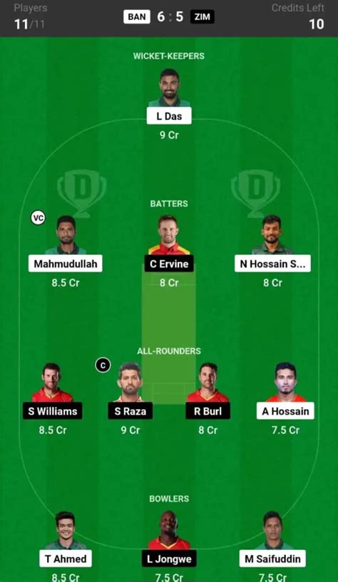 BAN Vs ZIM Dream11 Prediction 1st T20I Dream Team Captain Picks