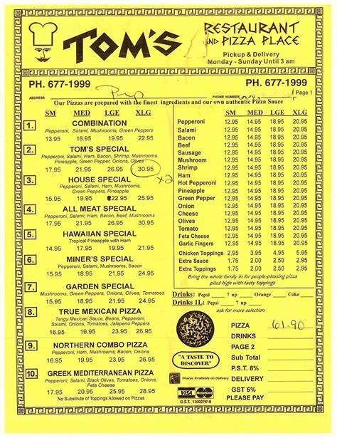 Menu At Tom S Pizza Pizzeria Thompson