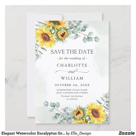 Sunflowers And Greenery Wedding Save The Date Card With Watercolor