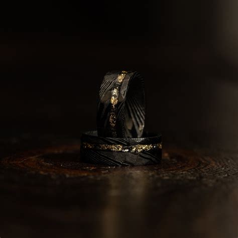 Black Hammered Damascus Steel Ring With Meteorite and Gold Foil Band ...