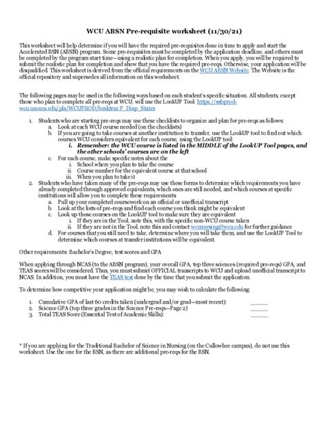 Fillable Online WCU Detailed ABSN Prereq Worksheet Revised Fax Email