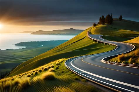 Premium AI Image | A road with a sunset in the background