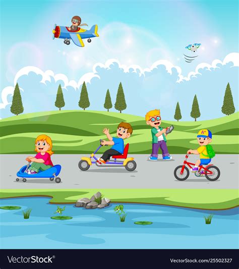 Children Are Playing And Riding Bicycle Royalty Free Vector