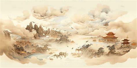 AI Generated. AI Generative. Ancient chinese temple mountain fog mist landscape. Vacation ...