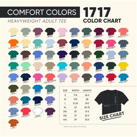 Comfort Colors 1717 Color Chart And Size Chart Heavyweight Adult Tee