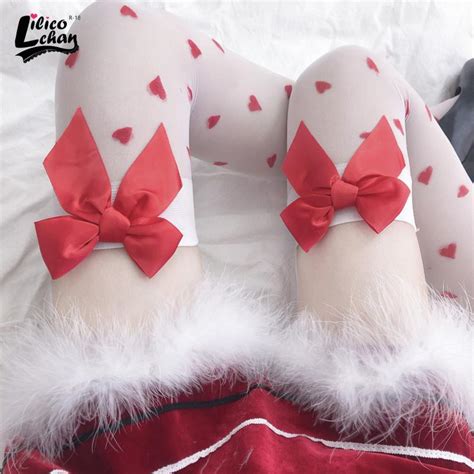 Pure Lovely Red Bow Over Knee White Tigh High Small Heart Stockings