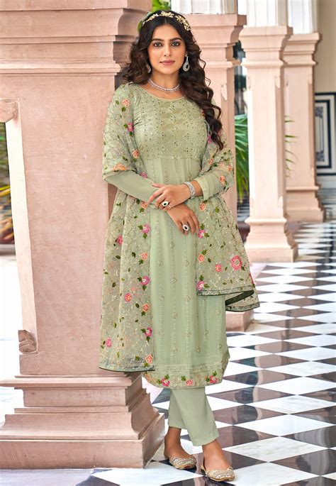 Light Green Chinon Pant Style Suit 249572