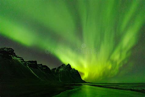 Iceland Northern Lights Over Vestrahorn Mountain at Stokksnes Peninsula ...