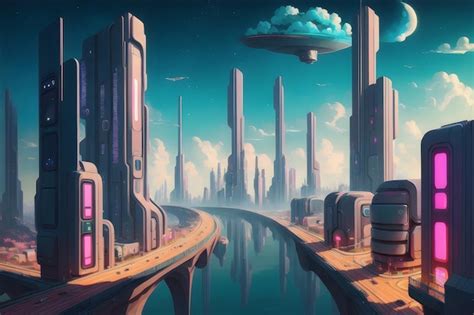 Una Pintura Digital De Una Ciudad Con Un Paisaje Urbano Y Una Nube