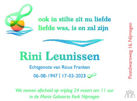 Rini Leunissen 17 03 2023 Overlijdensbericht En Condoleances