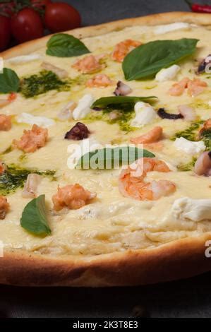 Seafood Pizza With Mussel Squid Shrimp And Tomato Italian Food