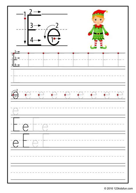 The Letter E Is For Elf Worksheet With An Image Of A Elf On It