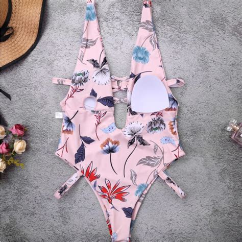 Free Shipping Women Deep V Neck Sexy Bikini Slim Bodysuit Floral Printed Swimsuit Push Up Padded