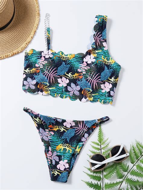 Floral Tropical Scalloped Trim Thong Bikini Swimsuit SHEIN USA