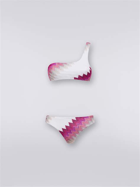 One shoulder bikini with zigzag and lamé White Pink Fuchsia Missoni