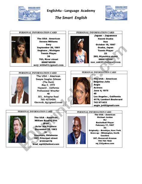 Personal Information Cards Famous People 2 Esl Worksheet By Schuster