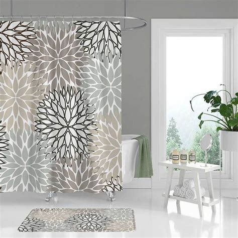 Gray Beige Floral Shower Curtain Set Dahlia Flowers Original Design