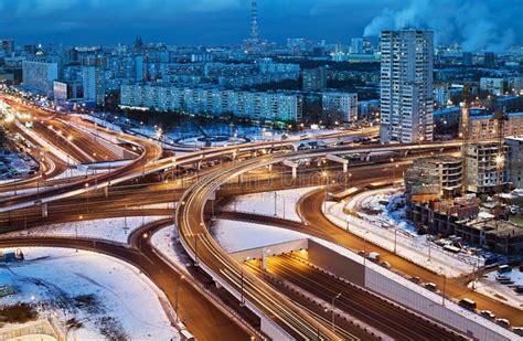 Road Junction in the Streets of Moscow in Winter Night Stock Image ...