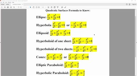 Calc 3 Quadratic Surfaces Formula To Know Youtube