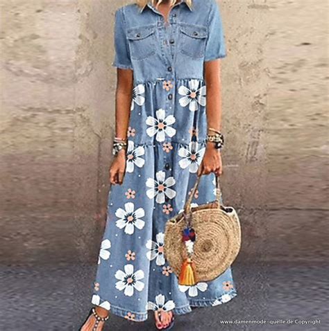 Kleider A Linie Jeans Sommerkleid Lang Mit Blumen Damenmode