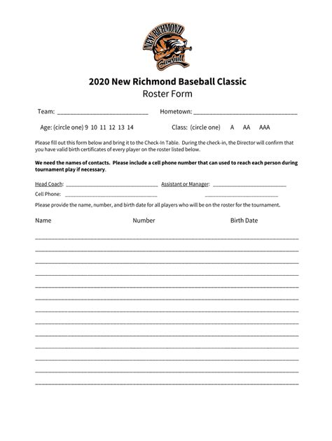 Fillable Online New Richmond Baseball Classic Roster Form Ngin