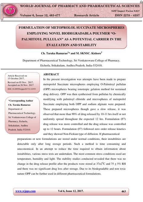 PDF FORMULATION OF METOPROLOL SUCCINATE MICROSPHERES EMPLOYING NOVEL