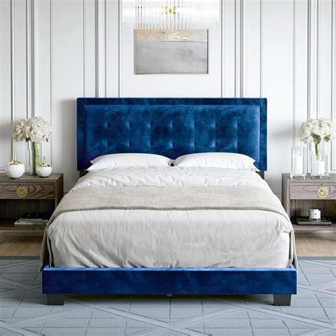 Premier Polina Velvet Upholstered Platform Bed Frame, Blue King ...