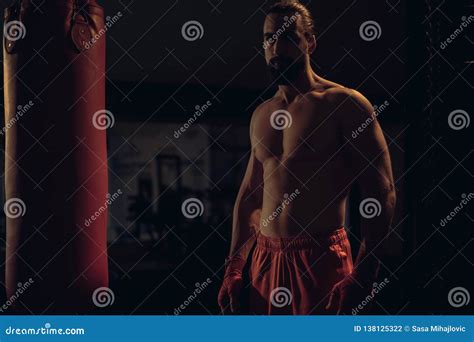 Bearded Fighter Standing By The Heavy Bag Stock Photo Image Of