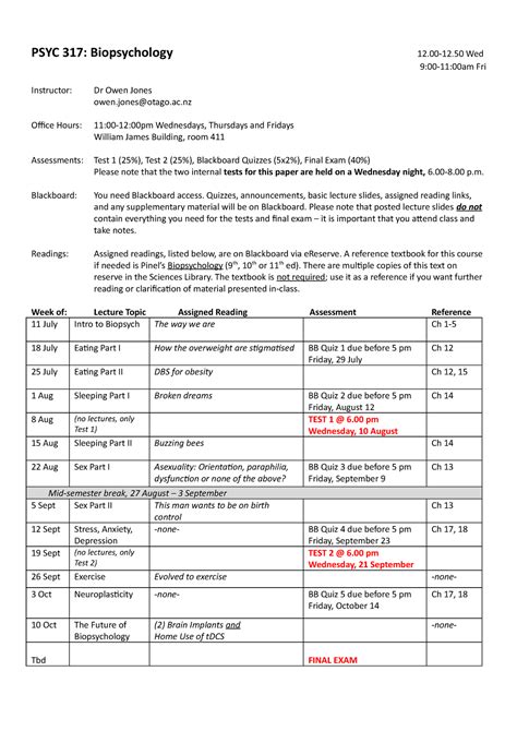 317 Course Outline 2022 Psyc 317 Biopsychology 1200 12 Wed 900 11