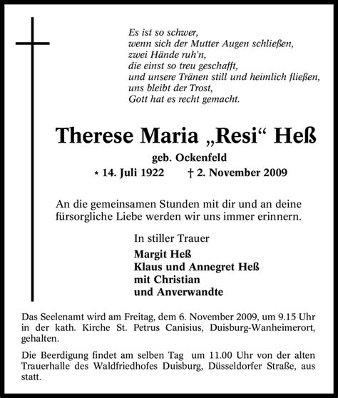 Traueranzeigen Von Therese Maria He Trauer In Nrw De