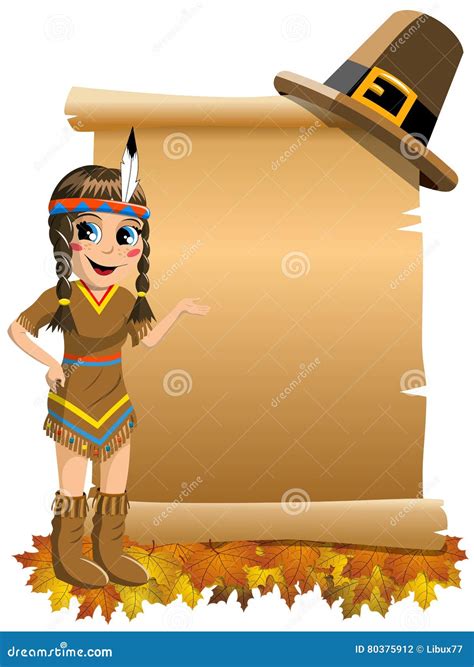 Little Girl Native American Indian Costume Presenting Blank Scroll