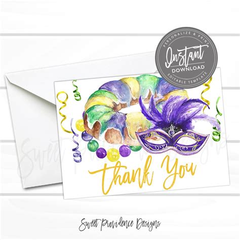 Mardi Gras Thank You Card Editable Thank You Card Editable Masquerade