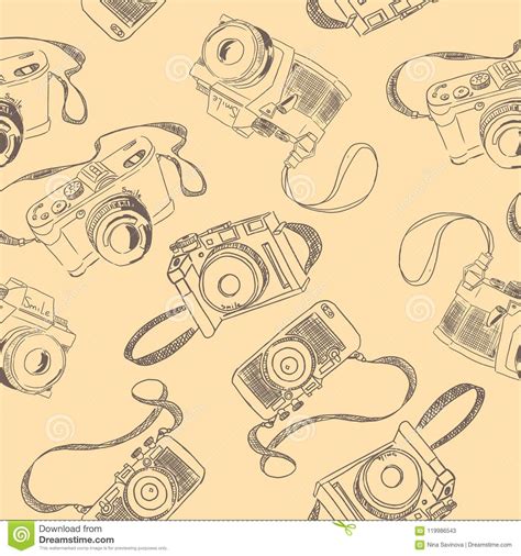 Cute And Funny Vintage Hand Drawn Photo Cameras Seamless Pattern Vector