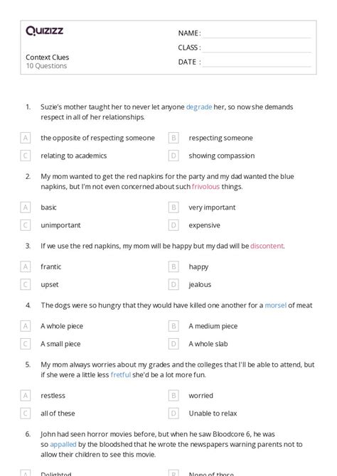 50 Determining Meaning Using Context Clues Worksheets For 8th Class On Quizizz Free And Printable