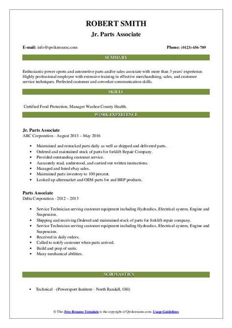 Parts Associate Resume Samples Qwikresume