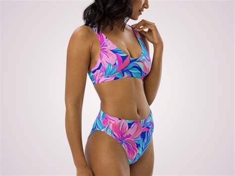 Tropical Floral Bikini Pink Blue Print High Waist Bikini Set Womens Medium Coverage Swimwear Sun