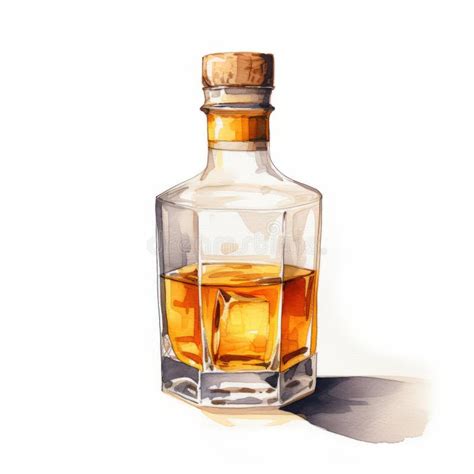 Realistic Watercolor Illustration Of Whiskey Bottle On Surface Stock