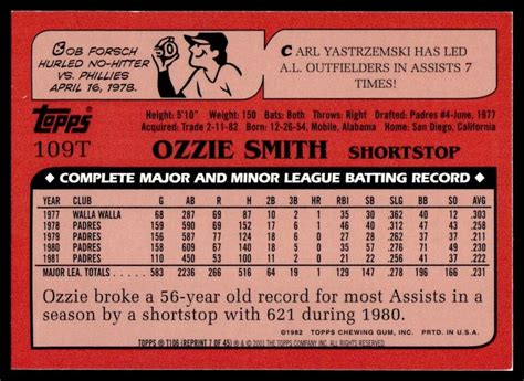 2001 Topps Traded Rookies Baseball Card Ozzie Smith St Louis