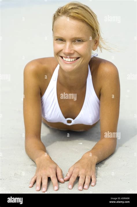 Woman In Bikini Lying On Beach Portrait Stock Photo Alamy