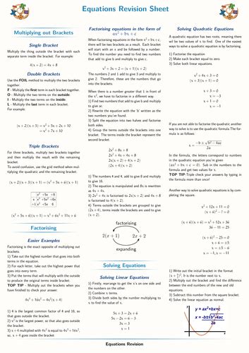 Gcse Equations Revision Sheet Maths Higher Level Grade 9 1 Exams By Amywilson281 Teaching